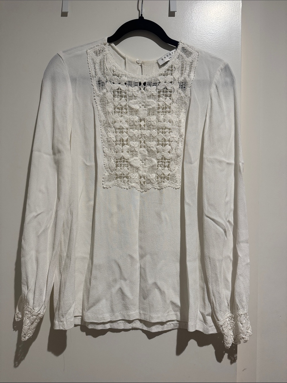 Sandro Cream Crochet-Yoke Long Sleeve Top